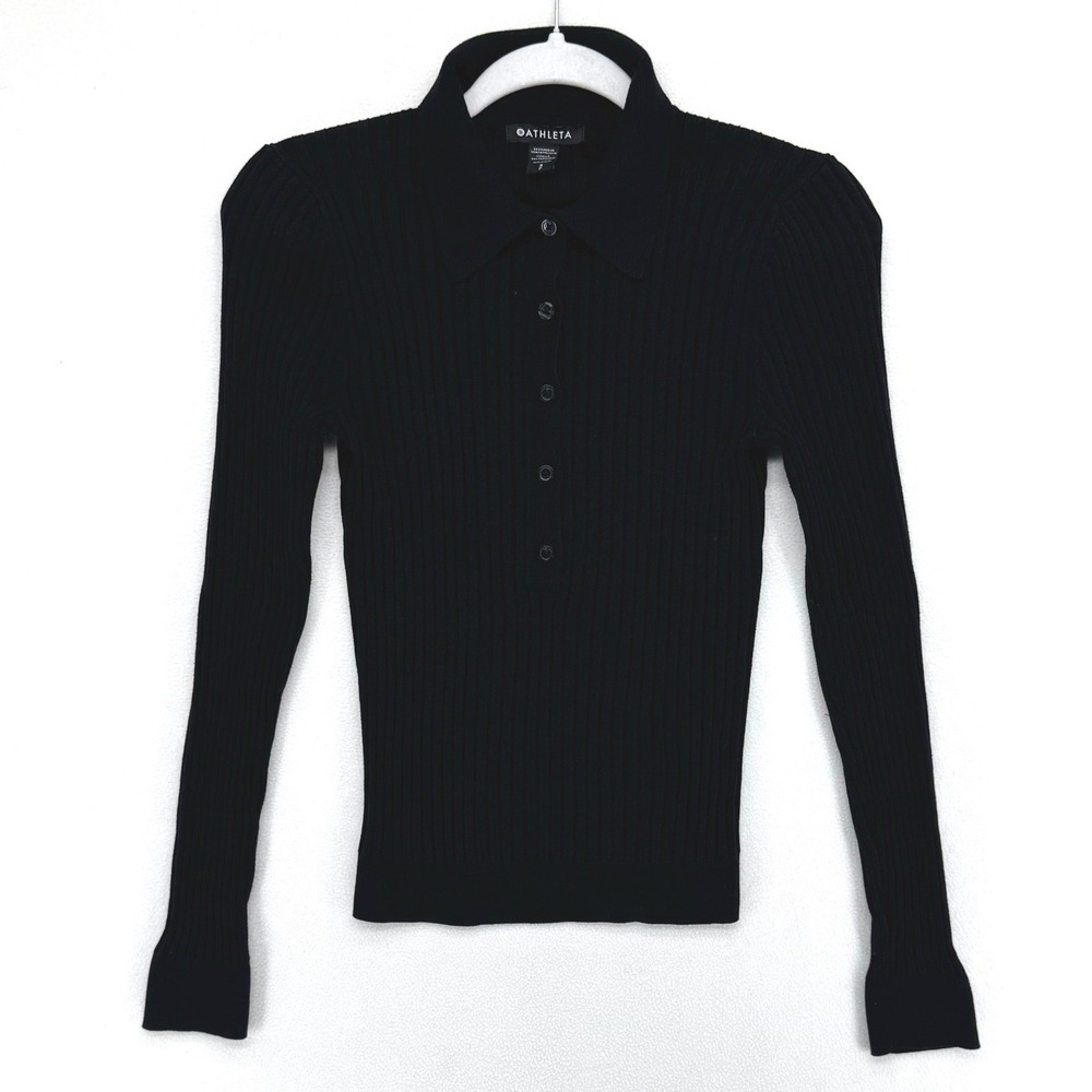 Athleta Ribbed Knit Polo Shirt Womens S Black Long Sleeve Button Front Preppy